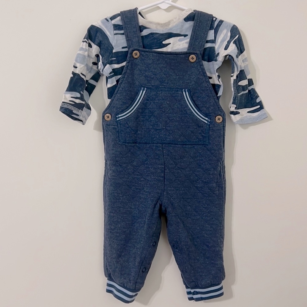 12 mo First Impressions Long Sleeve Tee and Quilted Overalls Set